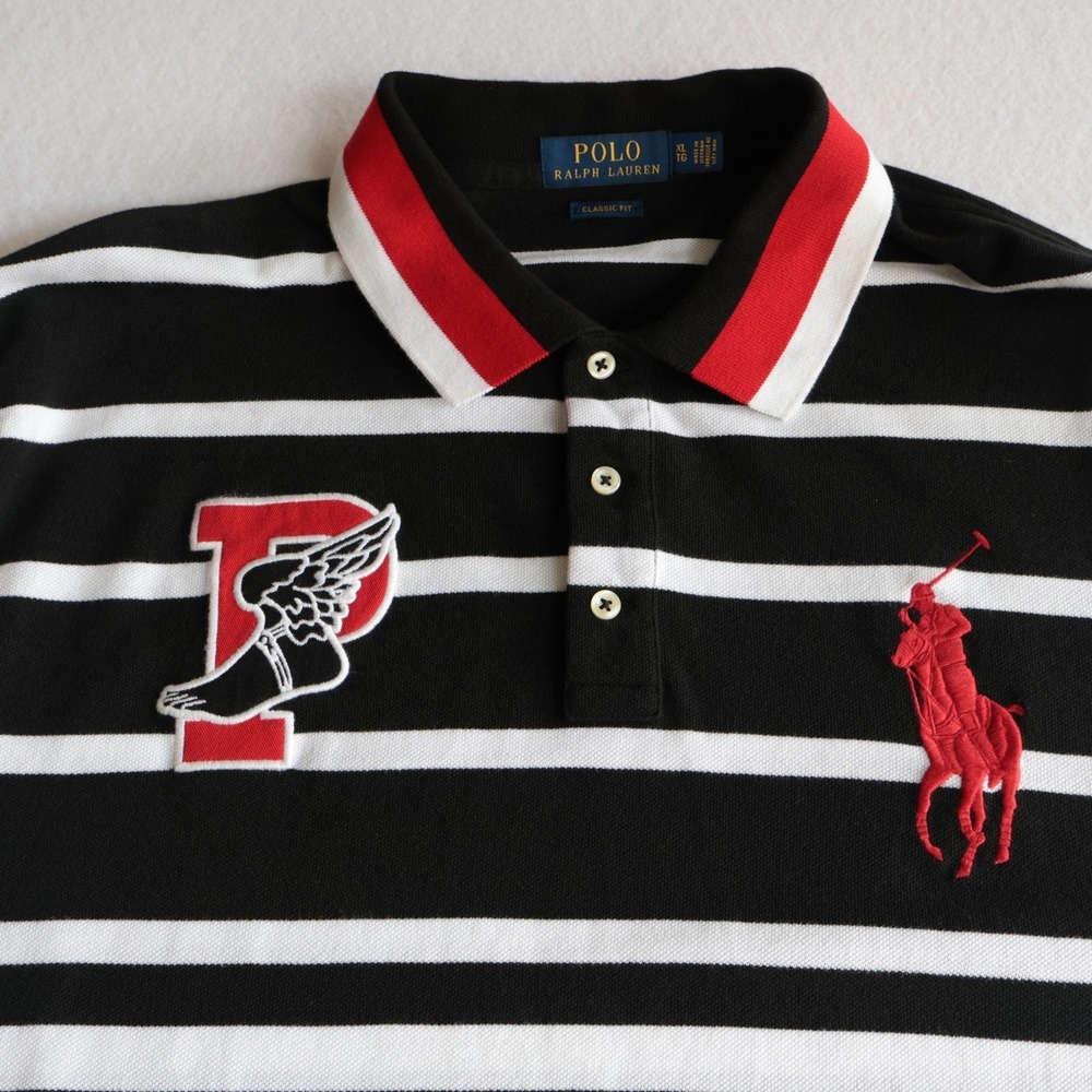 Polo Ralph Lauren Mens XL Classic Fit P-Wing Big Pony Striped Polo Black Red